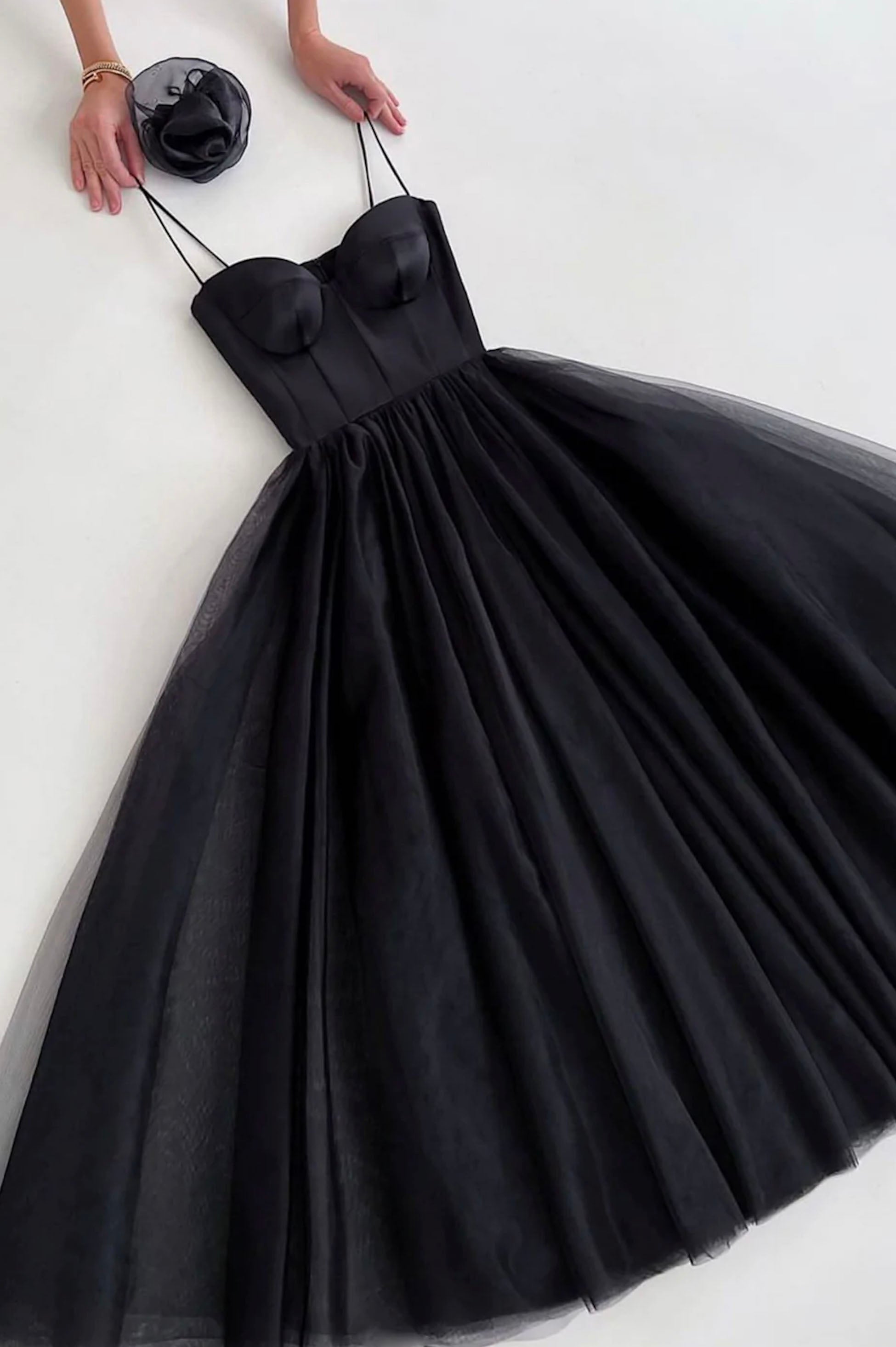 Evening Dresses On Sale, Black Spaghetti Tulle Short Prom Dress, Black Homecoming Party Dress