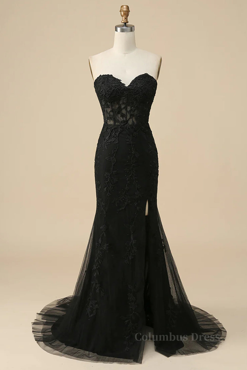 Prom Dresses With Short, Black Strapless Lace-Up Appliques Long Prom Dress with Slit