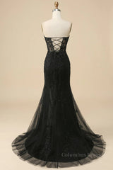 Prom Dresses With Shorts, Black Strapless Lace-Up Appliques Long Prom Dress with Slit