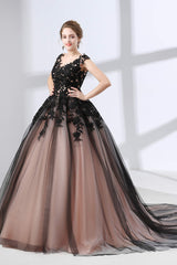Evening Dress Cheap, Black Sweetheart Applique Lace See Through Prom Dresses
