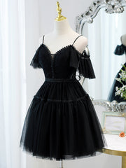 Bridesmaid Dress On Sale, Black Sweetheart Straps Tulle Homecoming Dress, Black Off Shoulder Prom Dress