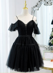 Bridesmaids Dresses On Sale, Black Sweetheart Straps Tulle Homecoming Dress, Black Off Shoulder Prom Dress