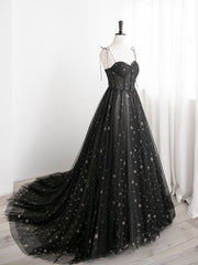 Prom Dresses With Sleeves, Black Sweetheart Tulle Straps Long Formal Dress, Black Evening Party Dresses