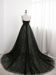 Prom Dresses Blue, Black Sweetheart Tulle Straps Long Formal Dress, Black Evening Party Dresses