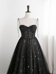 Prom Dresses Fitted, Black Sweetheart Tulle Straps Long Formal Dress, Black Evening Party Dresses