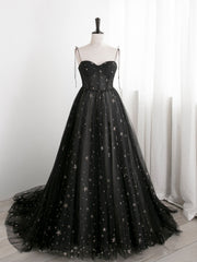 Prom Dresses Lace, Black Sweetheart Tulle Straps Long Formal Dress, Black Evening Party Dresses