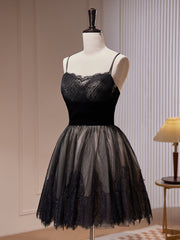 Bridesmaid Dresses Chiffon, Black Tulle and Lace Straps Short Party Dress, Black Homecoming Dress