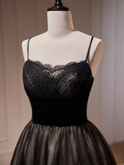 Bridesmaids Dresses Summer, Black Tulle and Lace Straps Short Party Dress, Black Homecoming Dress