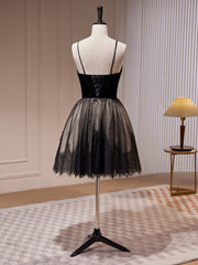 Bridesmaid Dress Summer, Black Tulle and Lace Straps Short Party Dress, Black Homecoming Dress