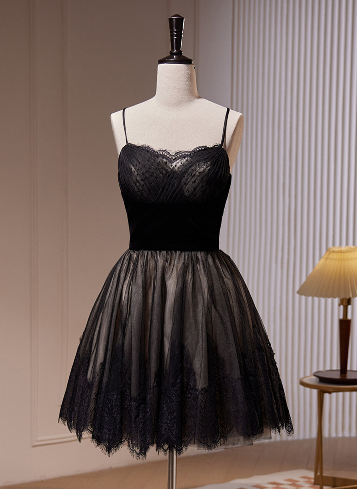 Bridesmaids Dress Fall, Black Tulle and Lace Straps Short Party Dress, Black Homecoming Dress