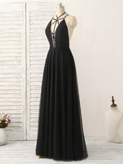 Party Fitness, Black Tulle Backless Long Prom Dress, Black Evening Dress