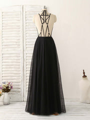 Cute Dress Outfit, Black Tulle Backless Long Prom Dress, Black Evening Dress