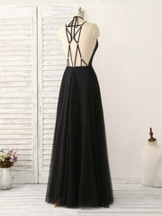 Evening Dress Long, Black Tulle Backless Long Prom Dress, Black Evening Dress