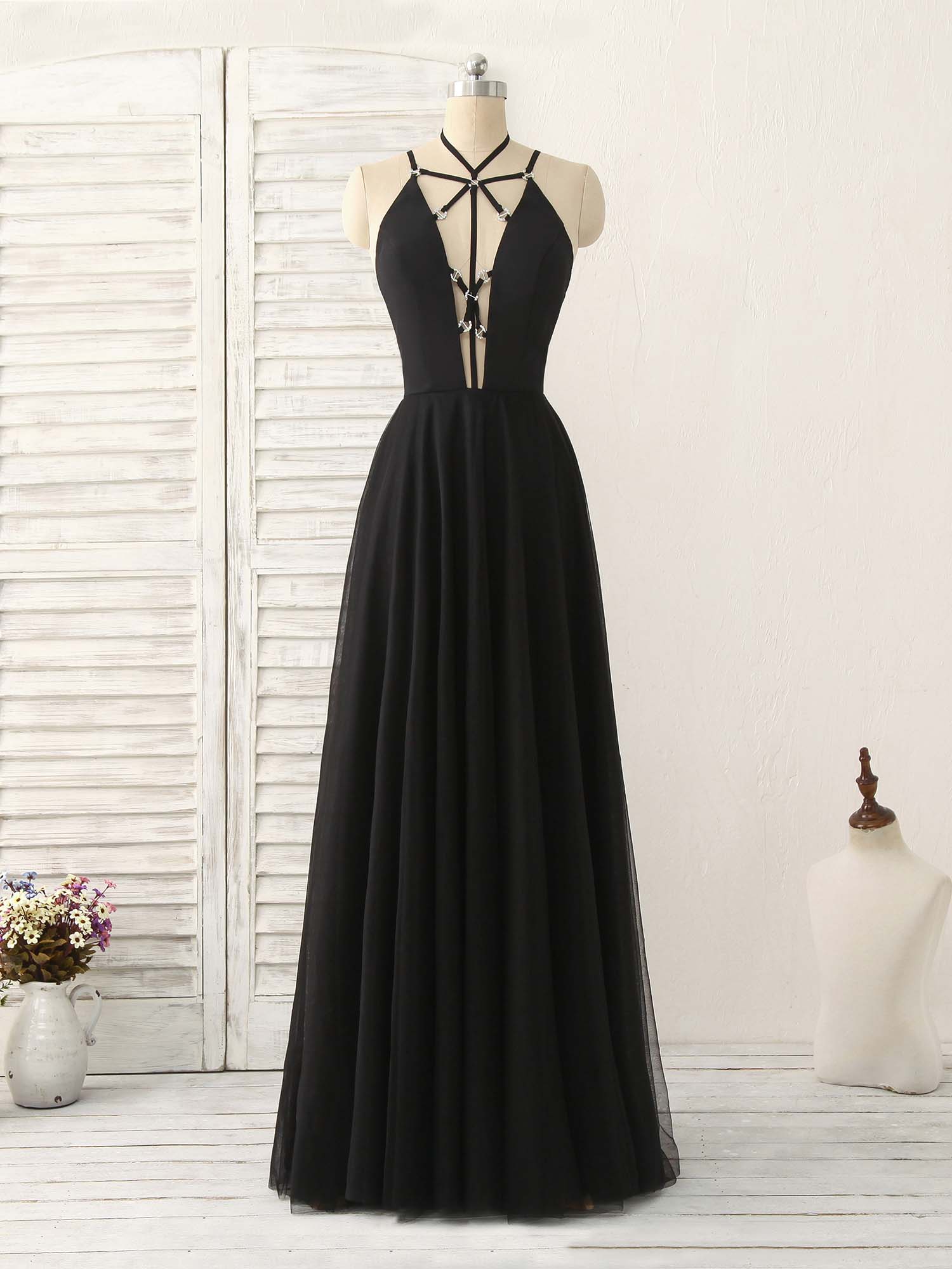 Long Black Dress, Black Tulle Backless Long Prom Dress, Black Evening Dress