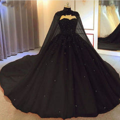 Wedding Dress Under 100, Black Tulle Ball Gown Wedding Party Dress with Cap, Black Lace Formal Gown