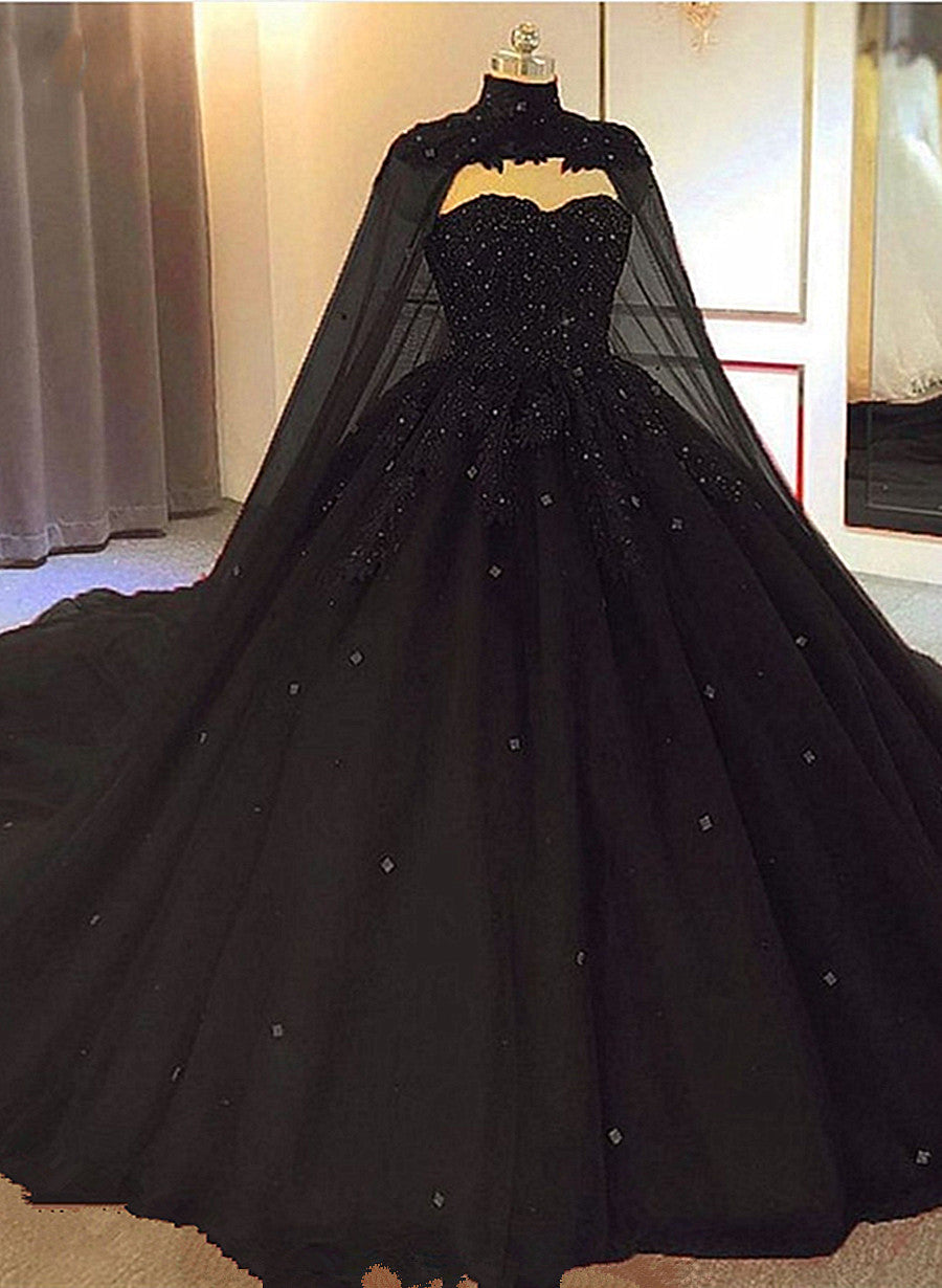 Wedding Dresses Under100, Black Tulle Ball Gown Wedding Party Dress with Cap, Black Lace Formal Gown