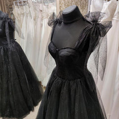 Evening Dresses With Sleeves, Black Tulle Floor Length Long Party Dress with Slit, Black Evening Dresses