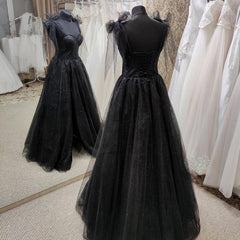 Evening Dress Stunning, Black Tulle Floor Length Long Party Dress with Slit, Black Evening Dresses