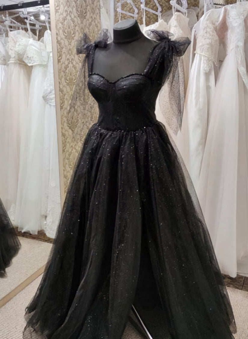 Evening Dresses Online Shop, Black Tulle Floor Length Long Party Dress with Slit, Black Evening Dresses