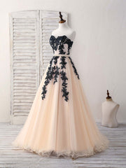 Bridesmaids Dresses Idea, Black Tulle Lace Applique Long Prom Dress, Black Evening Dress