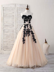 Bridesmaids Dresses Ideas, Black Tulle Lace Applique Long Prom Dress, Black Evening Dress