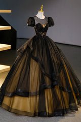 Bridesmaid Dress Color Palette, Black Tulle Lace Long Prom Dresses, Black Short Sleeve Evening Dresses