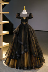 Bridesmaid Dresses Color Palette, Black Tulle Lace Long Prom Dresses, Black Short Sleeve Evening Dresses