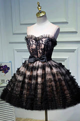 Prom Dress Pink, Black Tulle Lace Short Prom Dress, A-Line Black Homecoming Dress