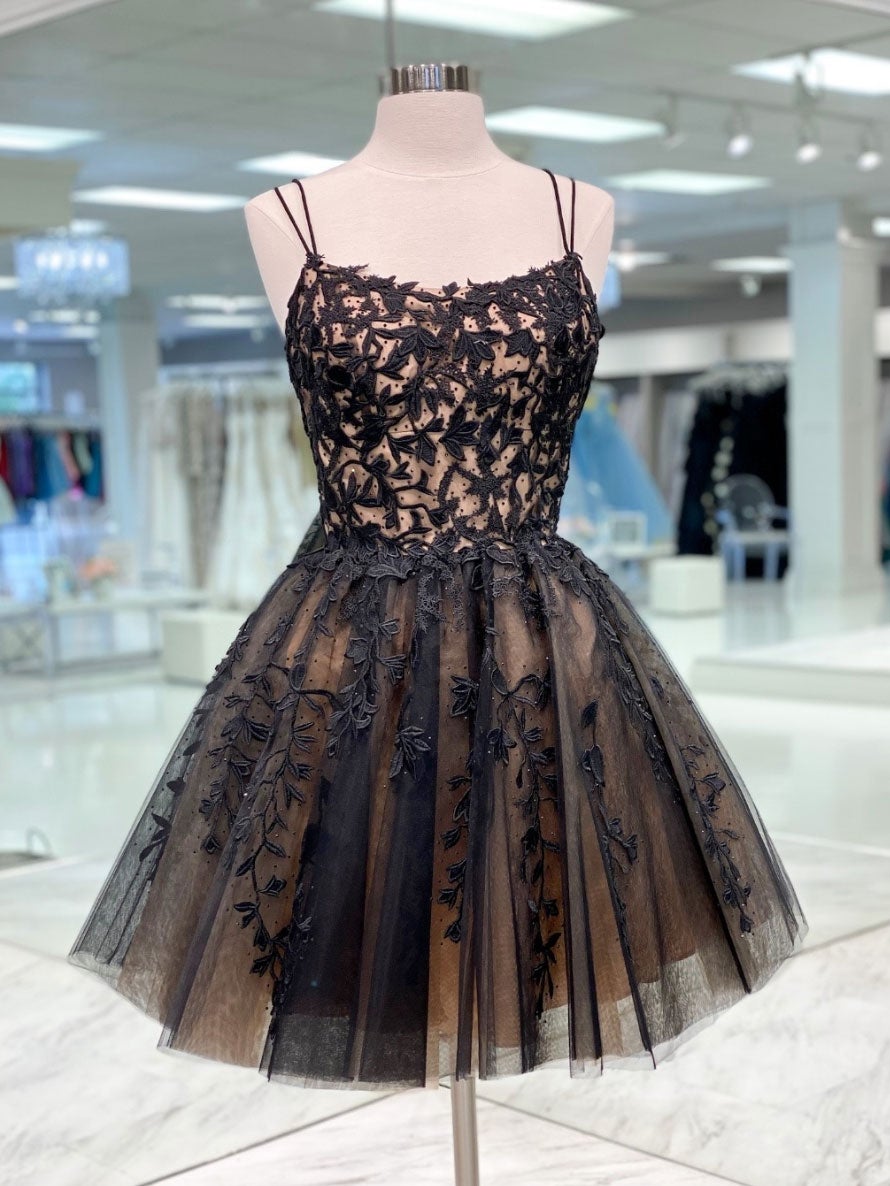 Prom Dress Fabric, Black tulle lace short prom dress, black tulle lace homecoming dress