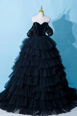 Bridesmaids Dress Blush, Black Tulle Layers Long Formal Dress, Black A-Line Strapless Evening Dress