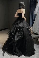 Small Wedding Ideas, Black Tulle Long A-Line Prom Dress,Ball Dresses with Ruffles