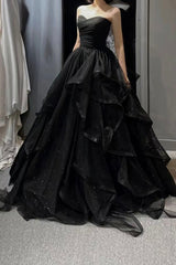 Bridesmaids Dresses Lavender, Black Tulle Long A-Line Prom Dress,Ball Dresses with Ruffles