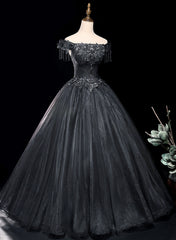 Bridesmaid Dresses 2029, Black Tulle Off Shoulder with Lace Applique Party Dress, Black Tulle Long Sweet 16 Dress