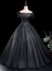 Bridesmaid Dresses Fall, Black Tulle Off Shoulder with Lace Applique Party Dress, Black Tulle Long Sweet 16 Dress