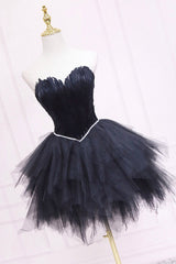 Club Outfit For Women, Black Tulle Short Prom Dress with Feather, A-Line Sweetheart Neckline Party Dress