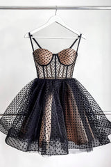 Evening Dresses Australia, Black Tulle Spaghetti Straps Short Homecoming Dress, A-Line Evening Party Dress