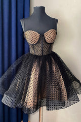 Evening Dresses 2032, Black Tulle Spaghetti Straps Short Homecoming Dress, A-Line Evening Party Dress