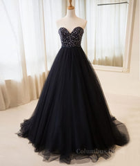 Evening Dress Vintage, Black tulle sweetheart neck long prom dress, black evening dress