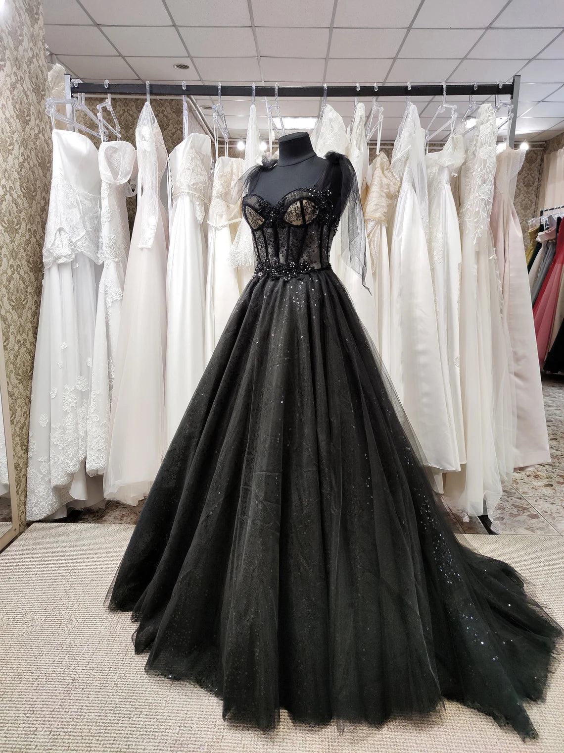 Homecoming Dresses Freshman, Black Tulle with Lace Straps Long Formal Dress, Black Long Evening Dress Prom Dress