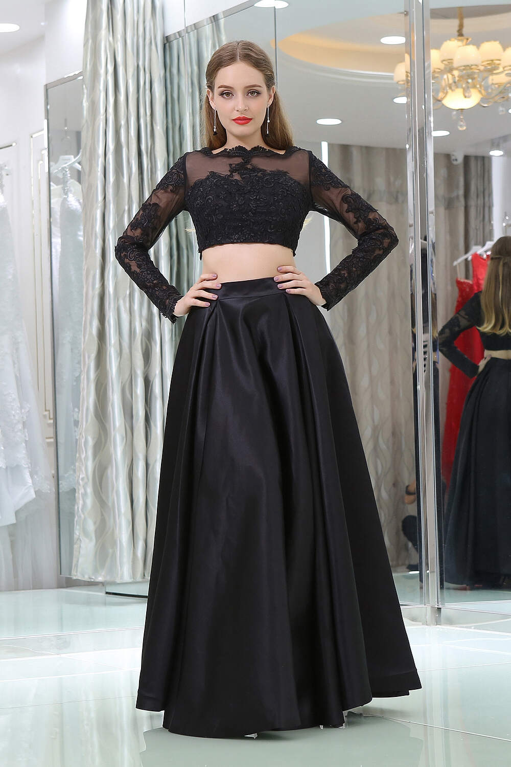 Formal Dresses With Sleeves, Black Two Piece Long Sleeve Floor Length Satin Prom Dresses with Lace