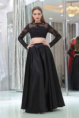 Formal Dresses With Sleeves, Black Two Piece Long Sleeve Floor Length Satin Prom Dresses with Lace