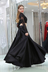 Formal Dress Summer, Black Two Piece Long Sleeve Floor Length Satin Prom Dresses with Lace
