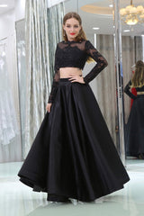Formal Dresses Summer, Black Two Piece Long Sleeve Floor Length Satin Prom Dresses with Lace