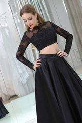 Formal Dresses For Woman, Black Two Piece Long Sleeve Floor Length Satin Prom Dresses with Lace