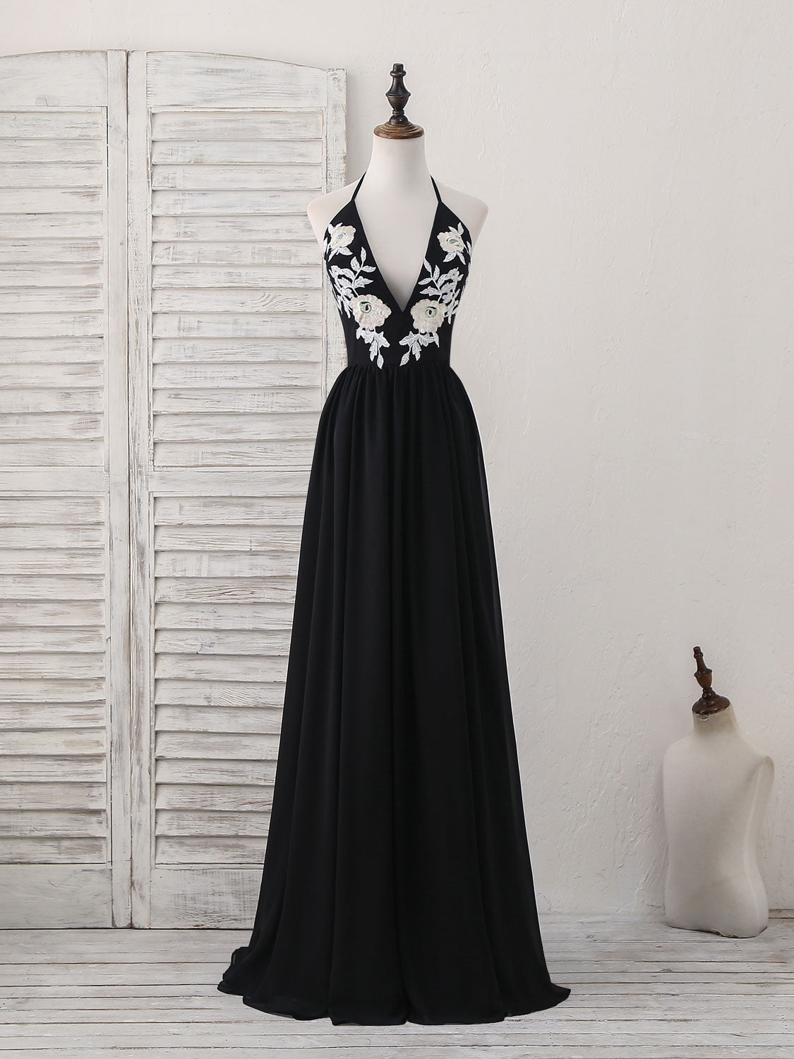 Prom Dress Long Mermaid, Black V Neck Chiffon Lace Long Prom Dress Black Evening Dress