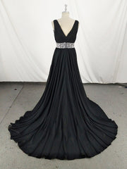Prom Dresses Patterned, Black V Neck Chiffon Sequin Long Prom Dress, Black Evening Dress