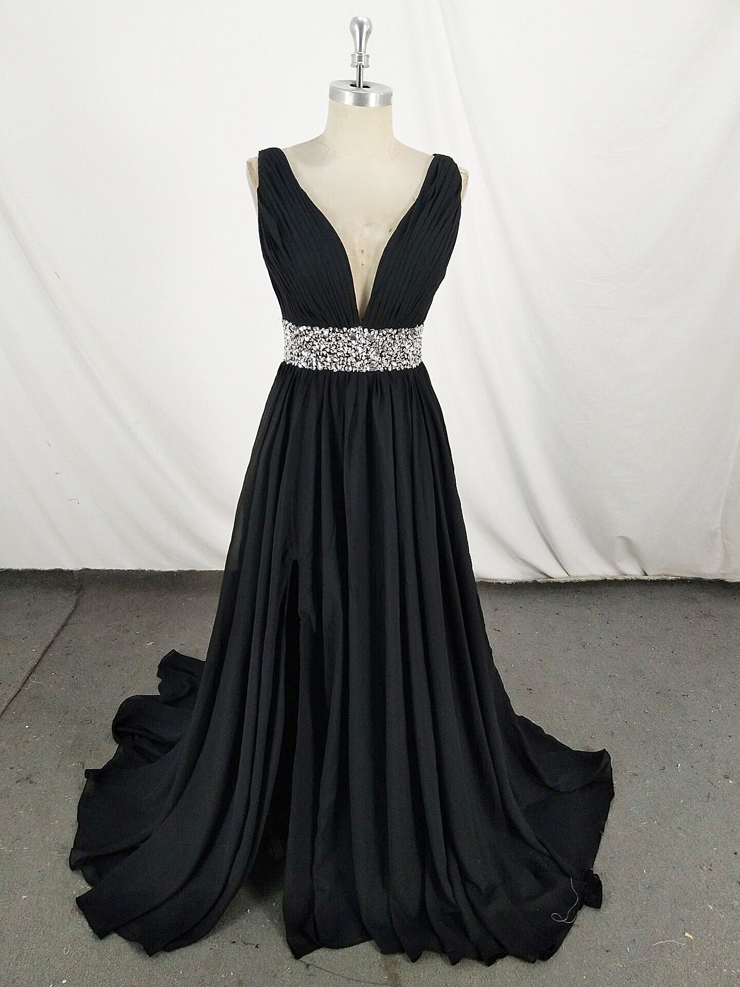 Prom Dress Pattern, Black V Neck Chiffon Sequin Long Prom Dress, Black Evening Dress
