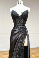 Bridesmaid Dress Design, Black V-Neck Lace Long Formal Dress, Black Spaghetti Strap Evening Gown with Leg Slits