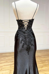 Bridesmaids Dresses Online, Black V-Neck Lace Long Formal Dress, Black Spaghetti Strap Evening Gown with Leg Slits