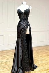 Bridesmaid Dresses Designers, Black V-Neck Lace Long Formal Dress, Black Spaghetti Strap Evening Gown with Leg Slits